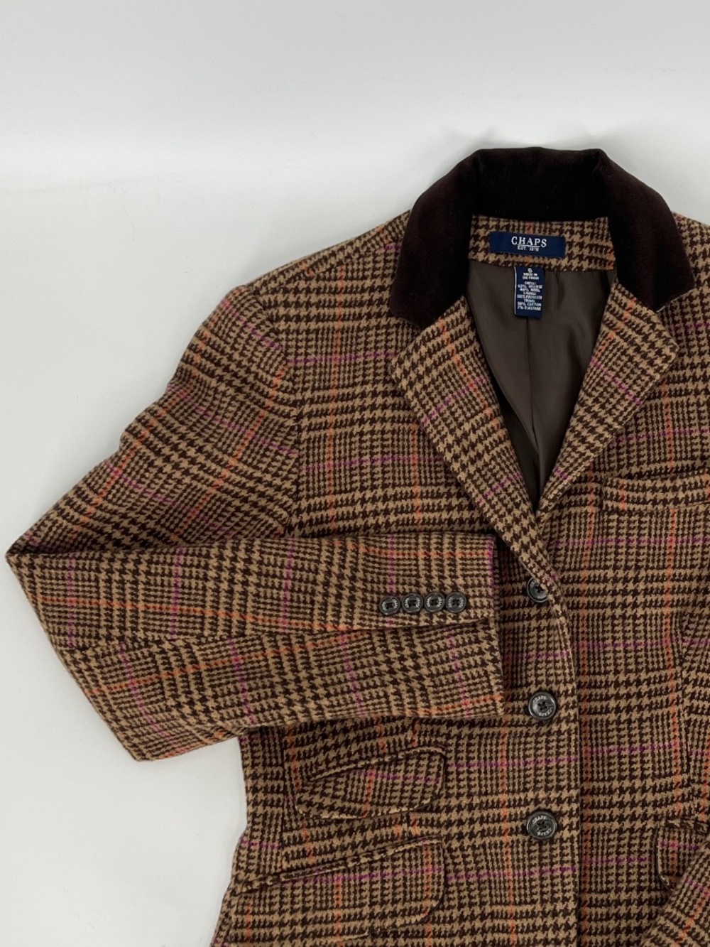 Chaps Houndstooth Wool Cotton Blazer Corduroy Collar Equestrian Old Money Preppy